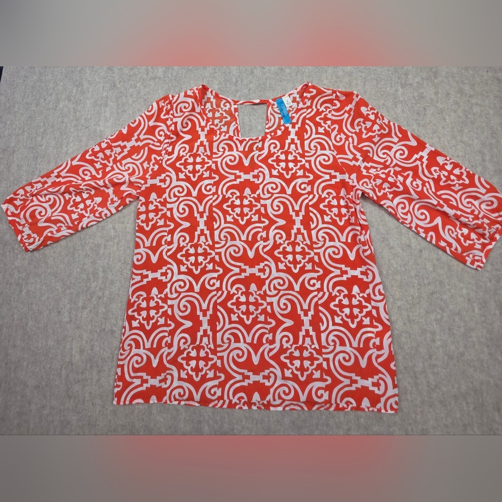 BUTTONS Blouse Size LARGE Womens Orange White 3/4 Sleeves‎
